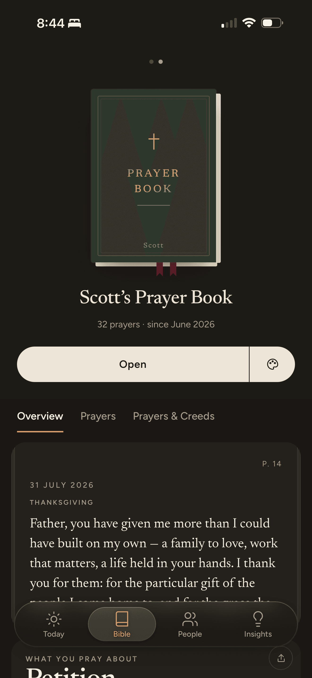 The Pray movement of Lectio Divina: Romans 8:28-30 with a phrase highlighted, a text field labeled In your own words, and a Help me pray this button.
