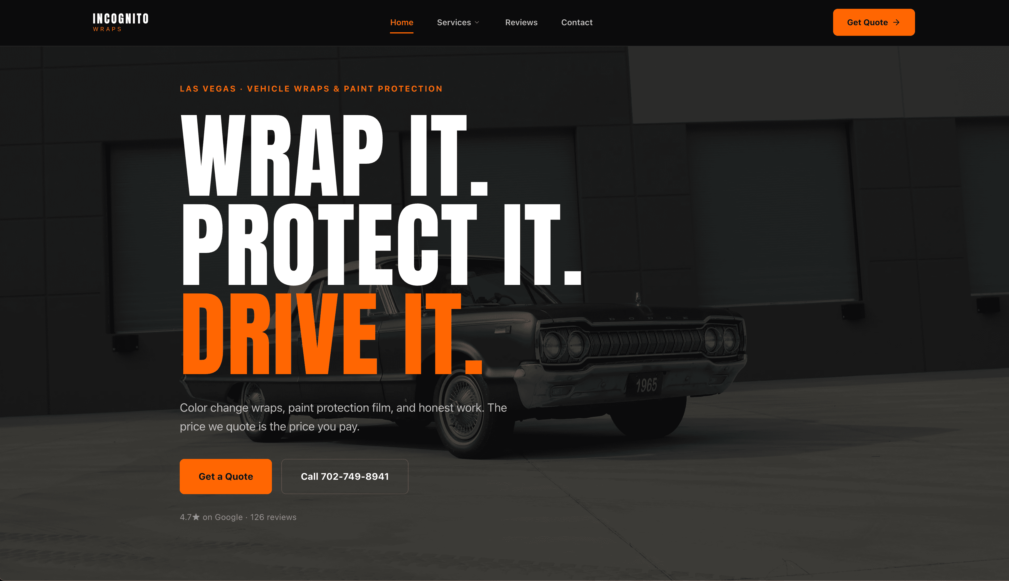 The rebuilt Incognito Wraps homepage: flat black hero with bold type reading Wrap it. Protect it. Drive it. over a photo of a wrapped truck.