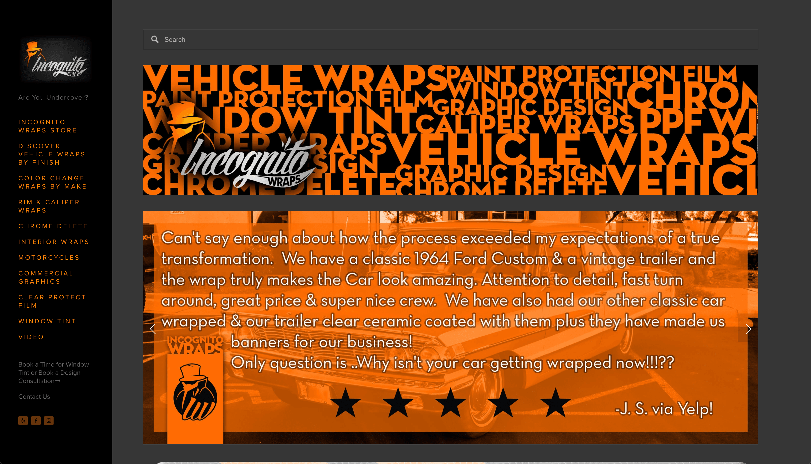 The previous Incognito Wraps website, a dated 90s-era layout.