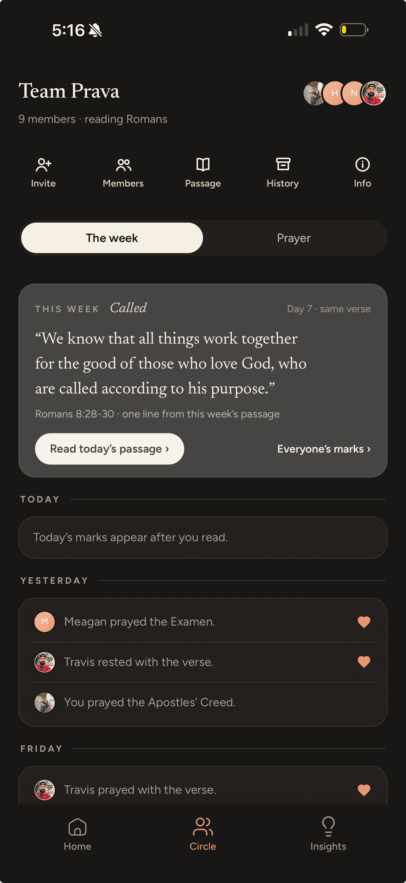 A Circle group screen: nine members reading Romans, this week's verse, and a feed of marks such as a member praying the Examen.