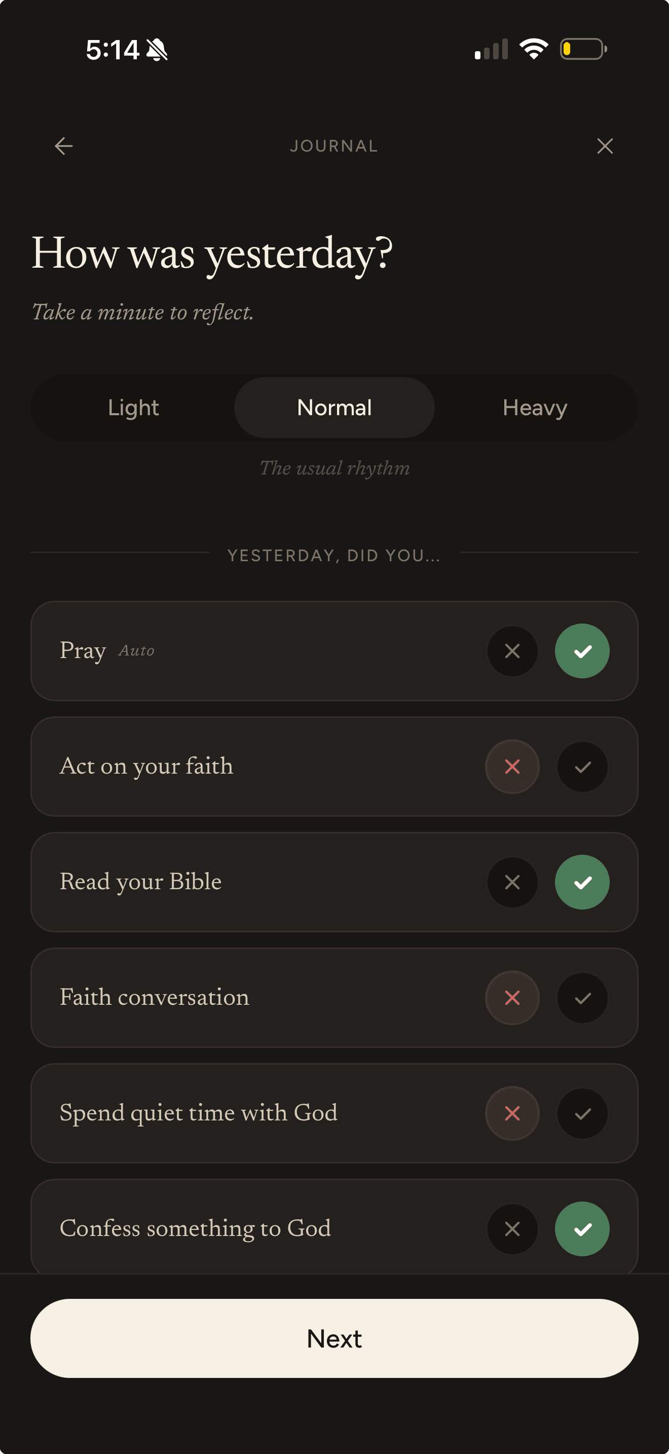 The daily journal asking How was yesterday, with Light, Normal, and Heavy load options and yes or no questions including Pray, Read your Bible, and Confess something to God.