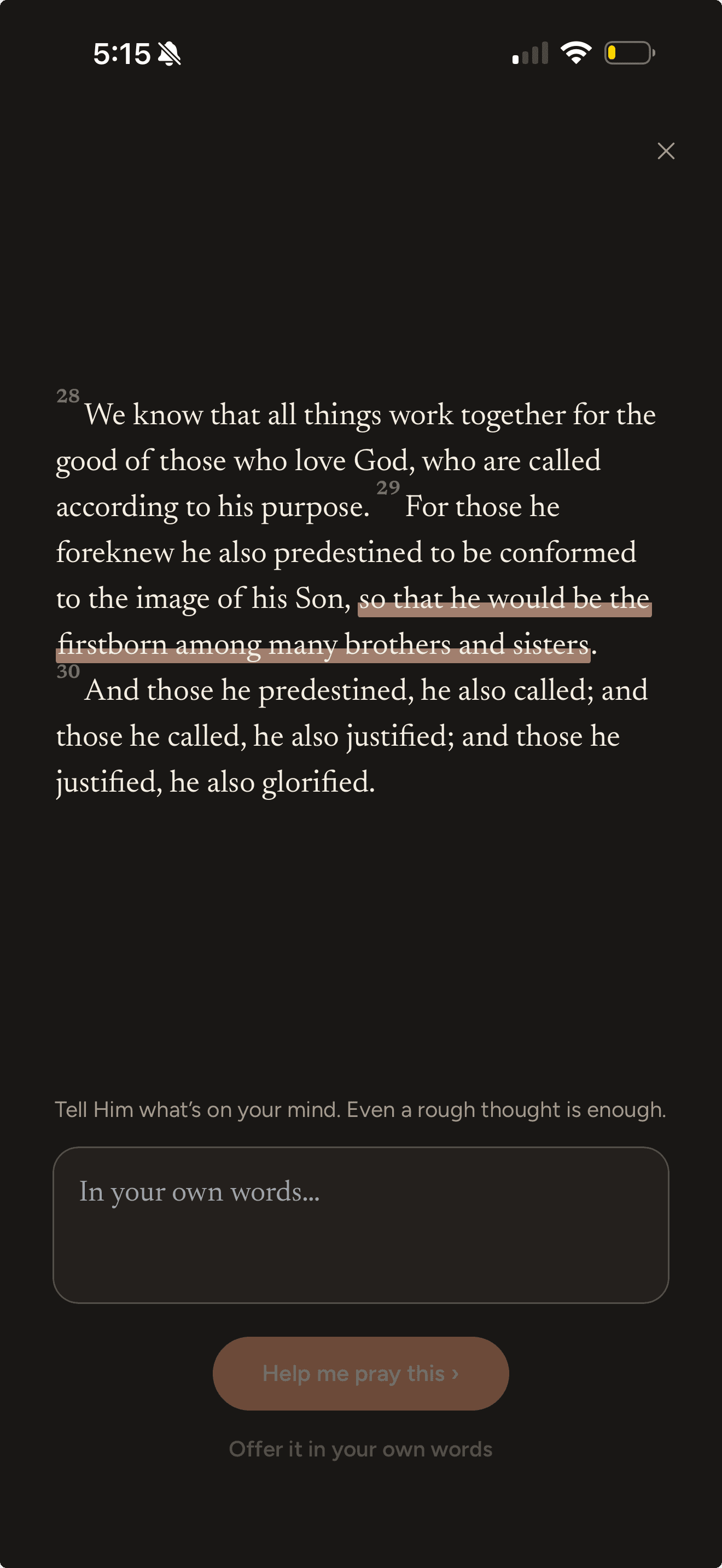 The Pray movement of Lectio Divina: Romans 8:28-30 with a phrase highlighted, a text field labeled In your own words, and a Help me pray this button.