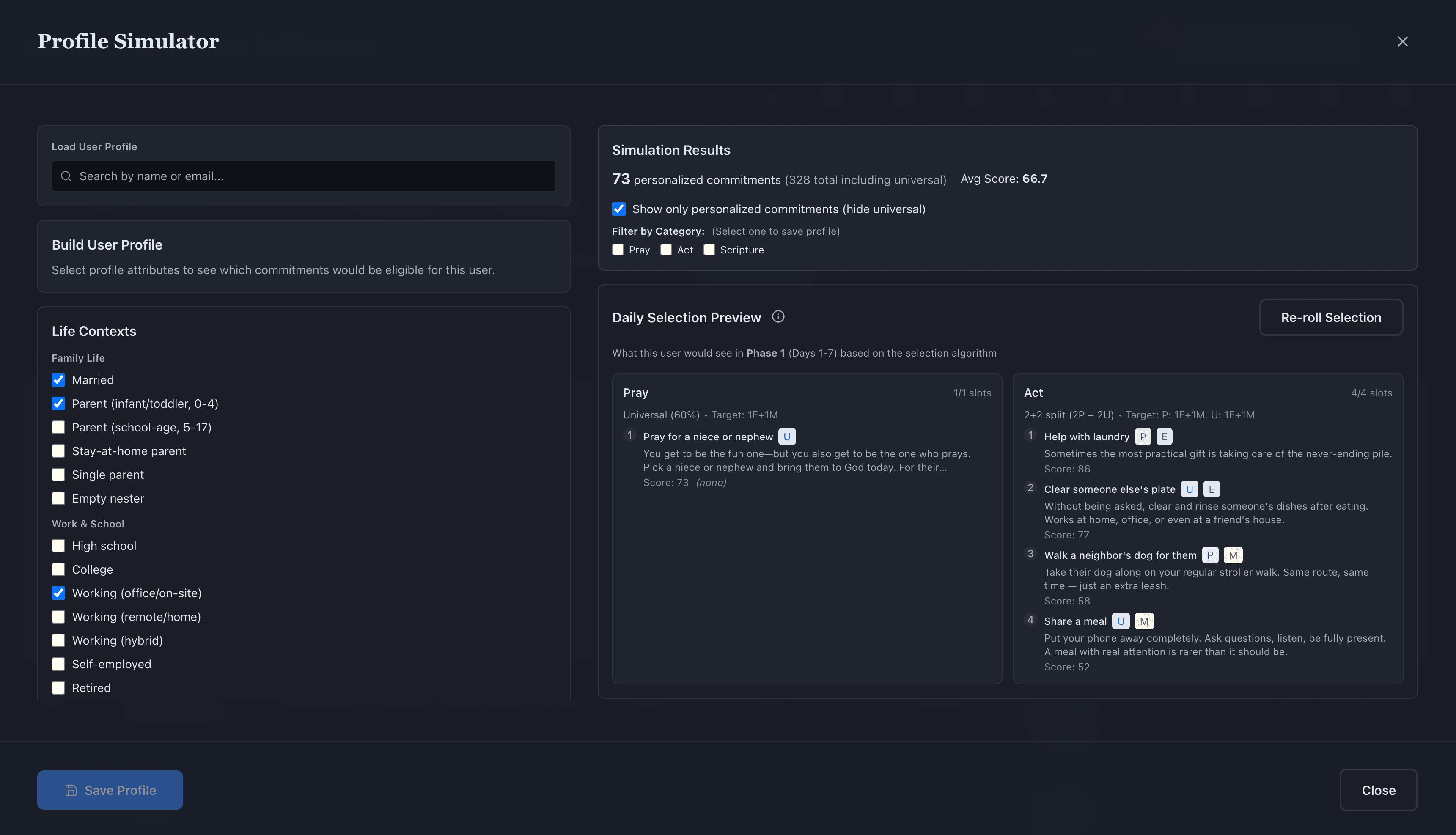 The Profile Simulator: a built user profile on the left, simulation results and a scored daily selection preview on the right.