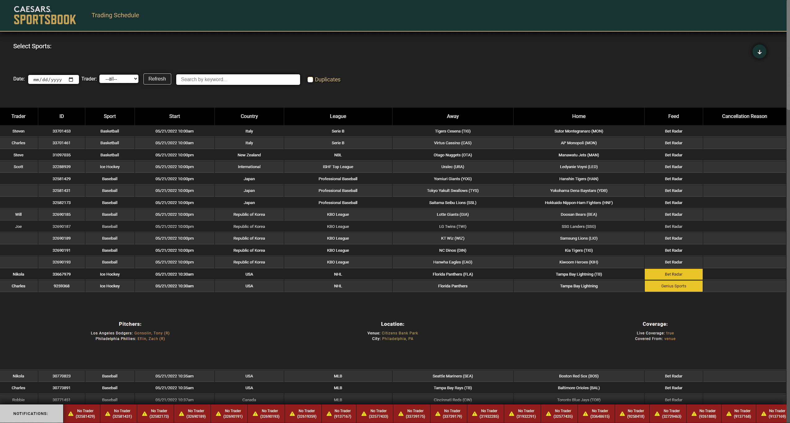The trading schedule home screen: a table of upcoming games across sports with assigned traders.